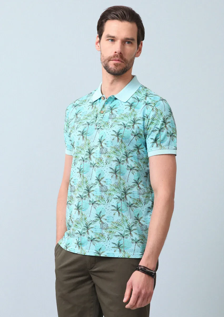 Turkuaz Baskılı Polo Yaka %100 Pamuk T-Shirt - 5