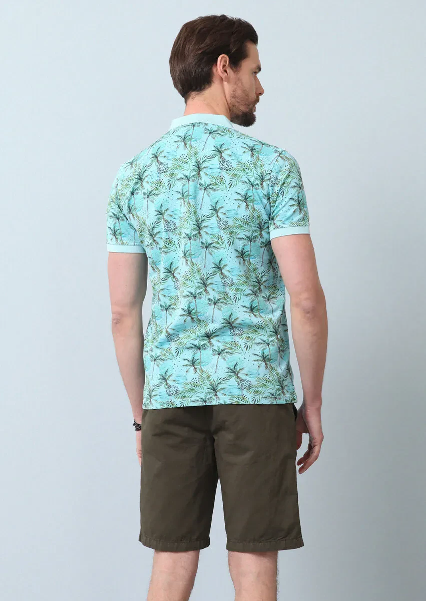 Turkuaz Baskılı Polo Yaka %100 Pamuk T-Shirt - 6