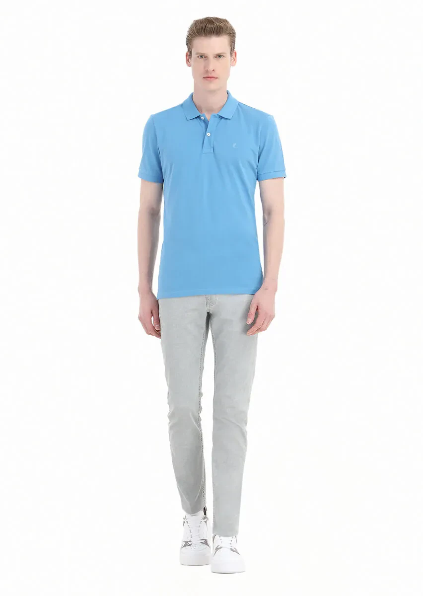 Turkuaz Baskılı Polo Yaka %100 Pamuk T-Shirt - 1