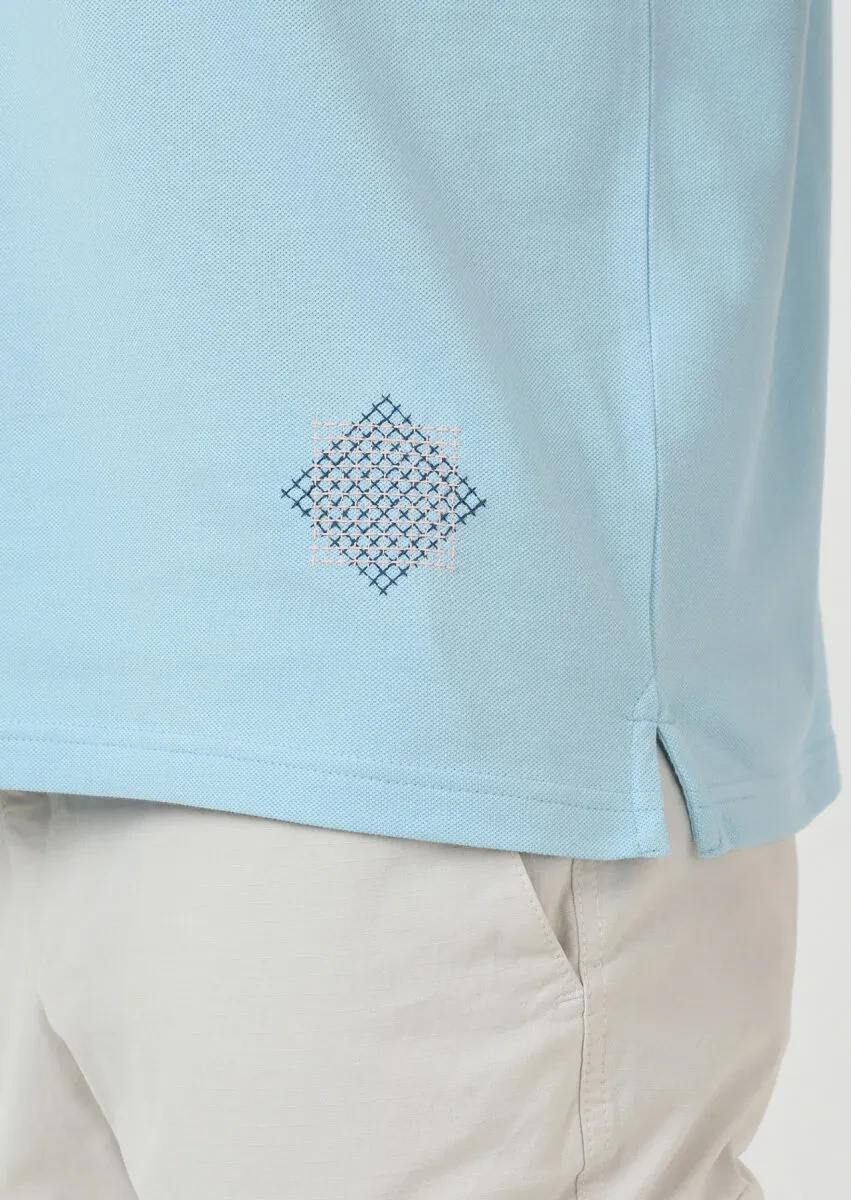 Turkuaz Düz Polo Yaka %100 Pamuk T-Shirt - 3