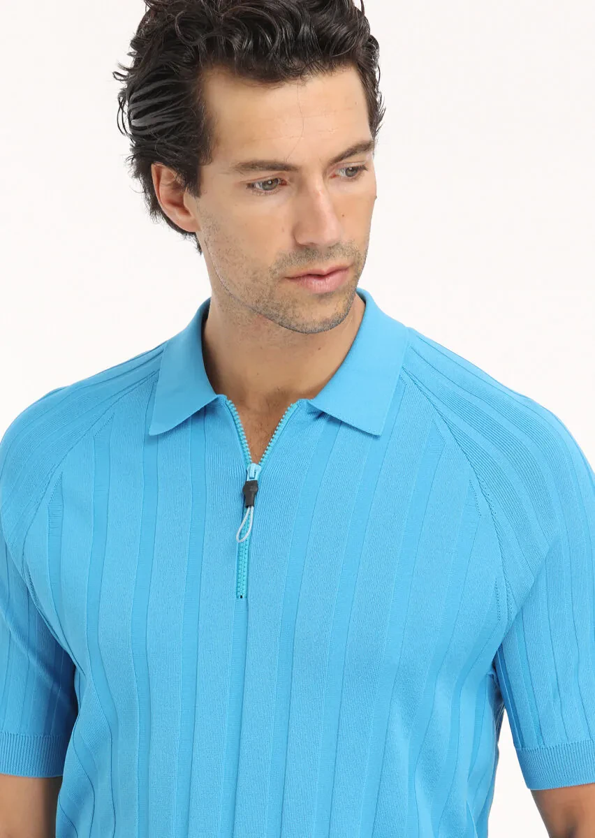 Turkuaz Polo Yaka Jakarlı Triko - 4