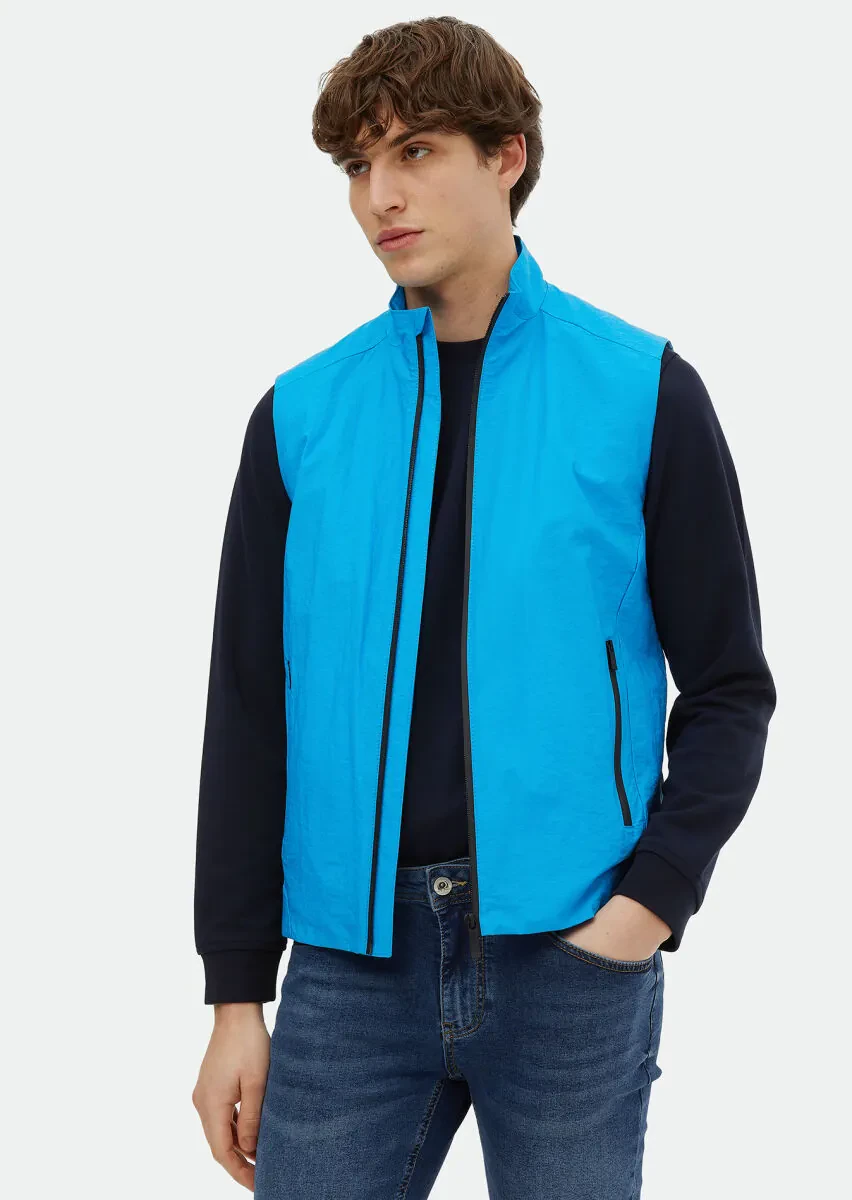 Turkuaz Regular Fit Dik Yaka Denim Dokuma Spor Yelek - 1