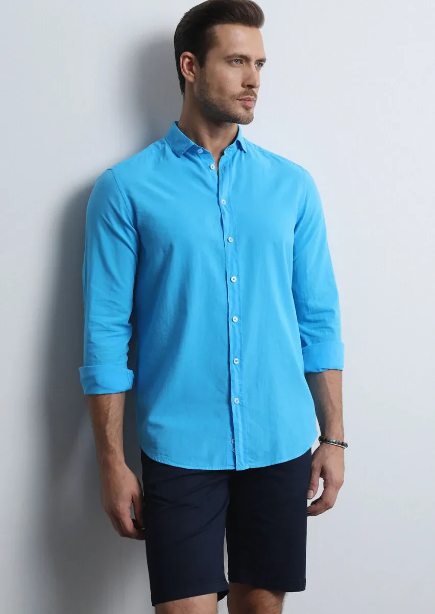 Turkuaz Regular Fit Dokuma Denim %100 Pamuk Gömlek - 1