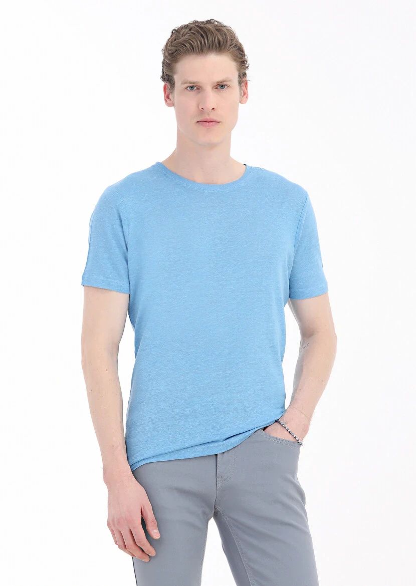 Turquoise Plain Crew Neck 100% Linen T-Shirt 