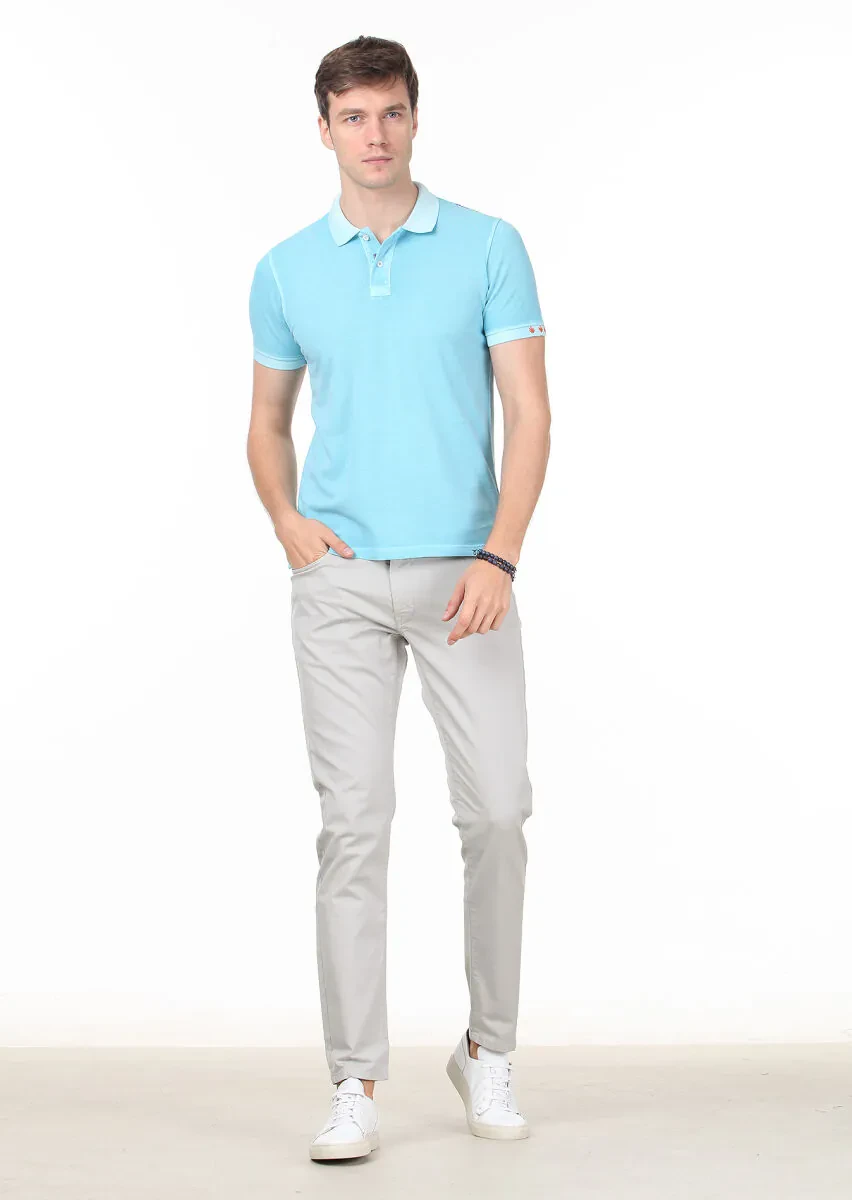 Turquoise Plain Polo Neck 100% Cotton T-Shirt - 3
