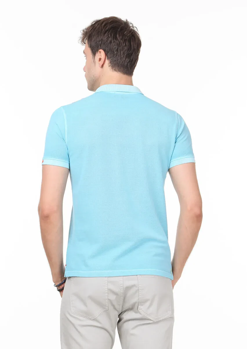 Turquoise Plain Polo Neck 100% Cotton T-Shirt - 4