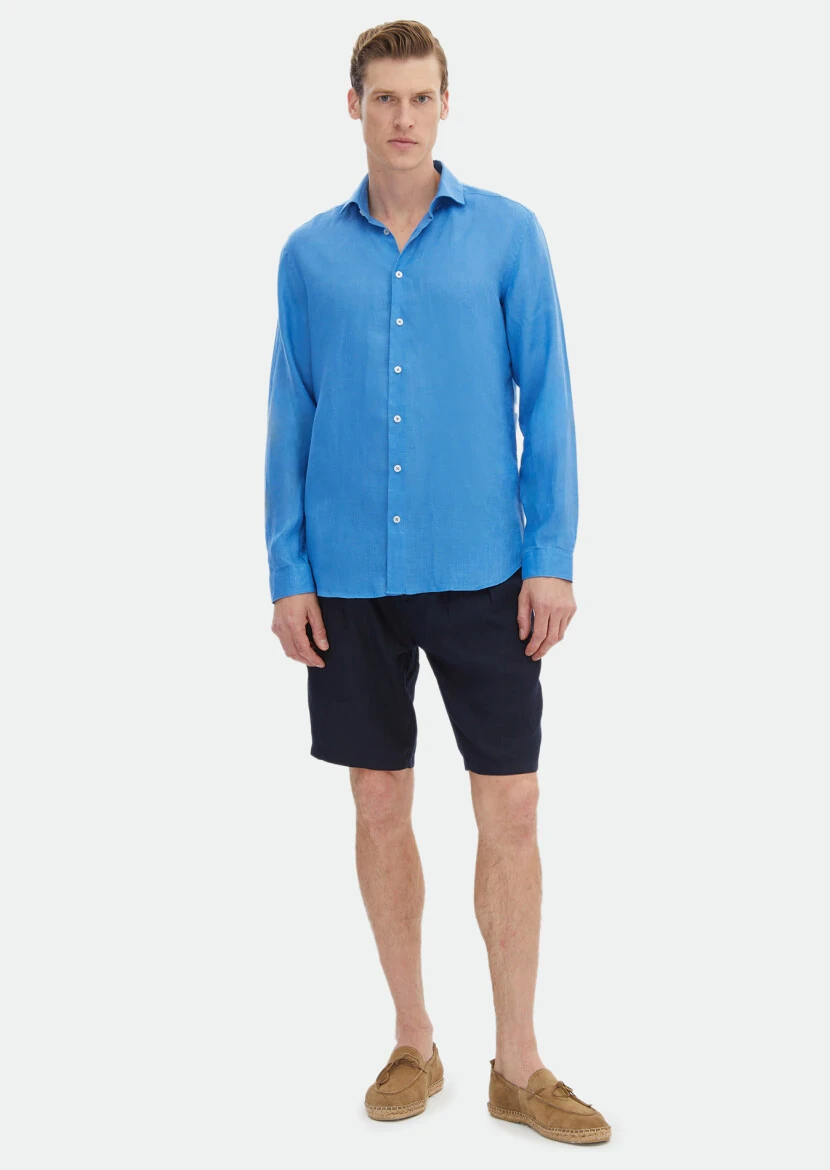 Turquoise Plain Regular Fit Weaving Casual 100% Linen Shirt 