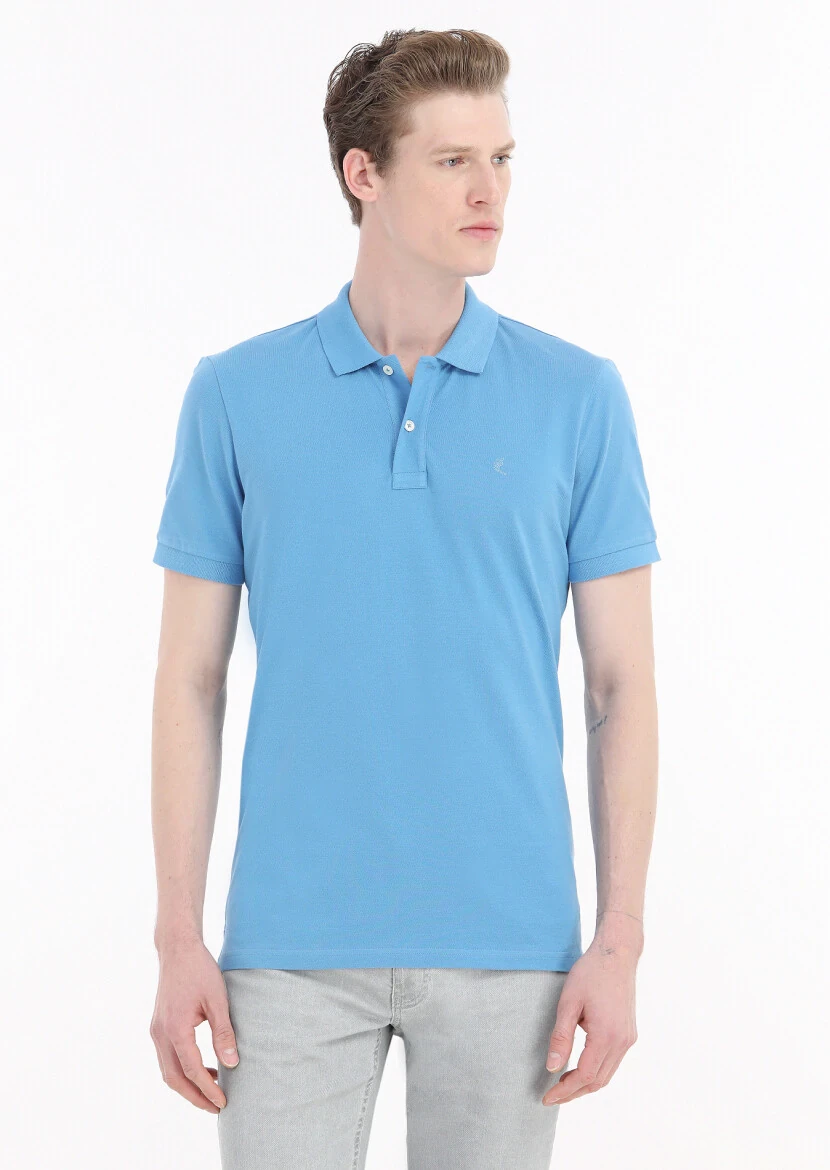 Turquoise Printed Polo Neck 100% Cotton T-Shirt 