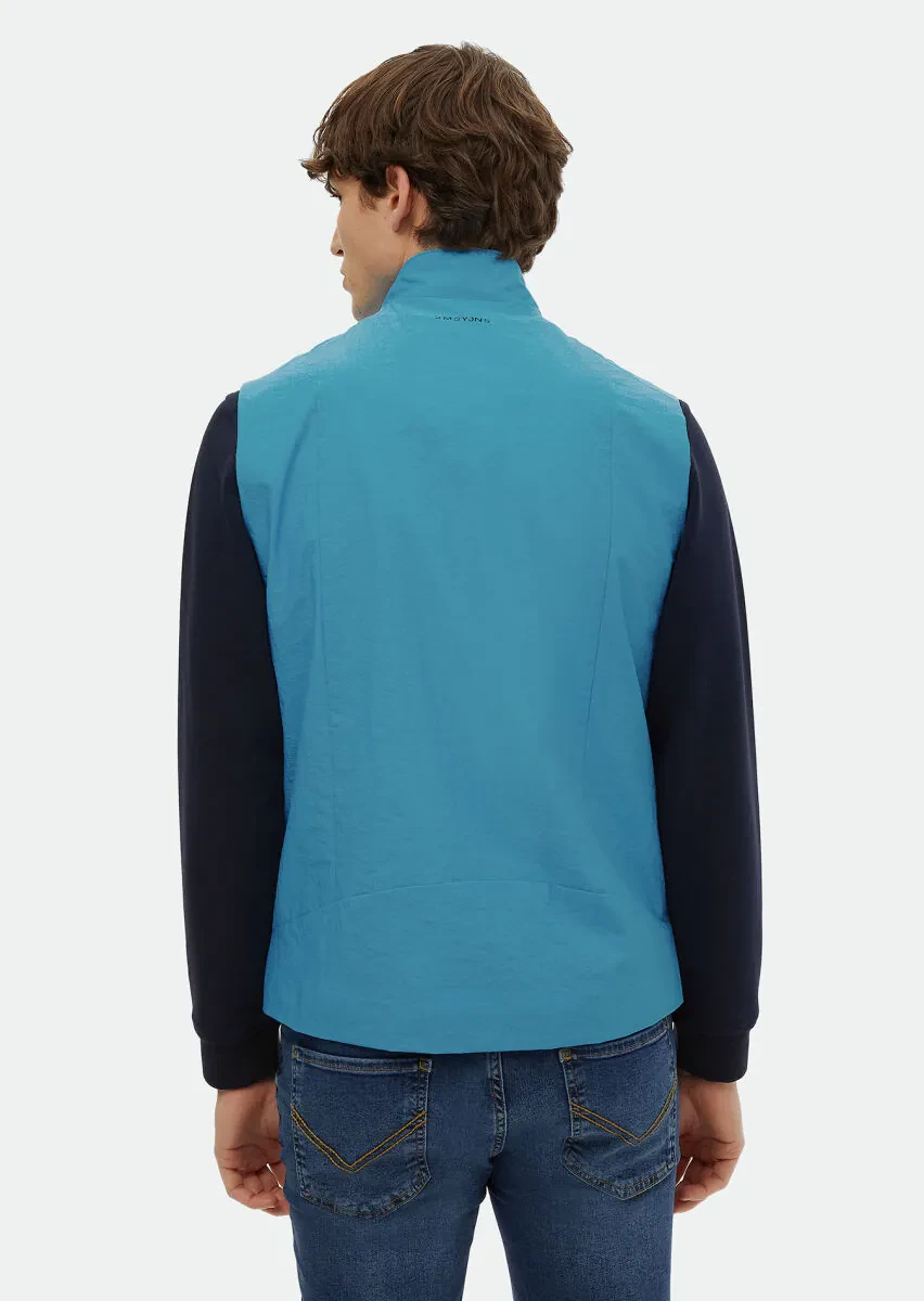 Turquoise Regular Fit Turtleneck Denim Weaving Puffer Vest - 5