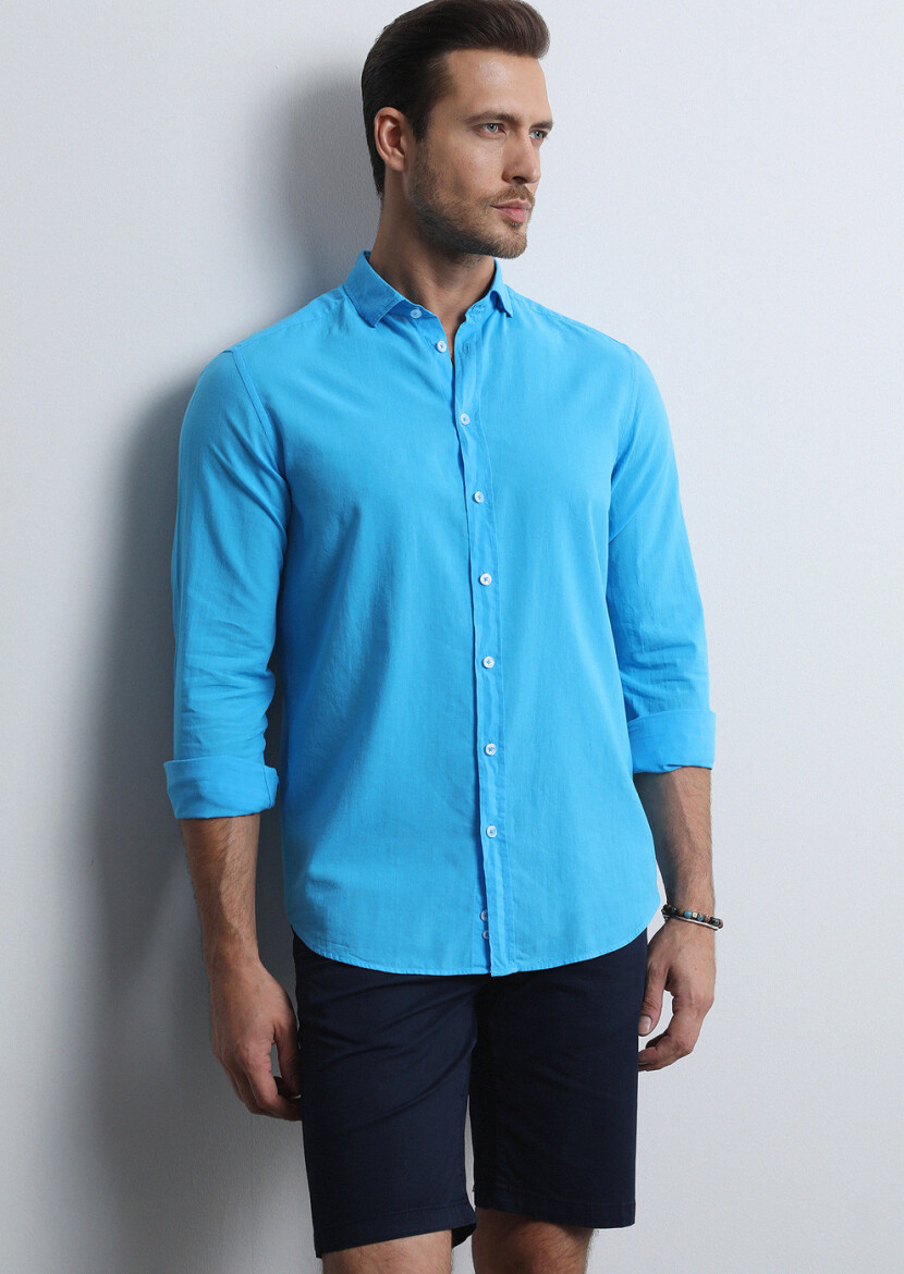 Turquoise Regular Fit Weaving Denim 100% Cotton Shirt - 1