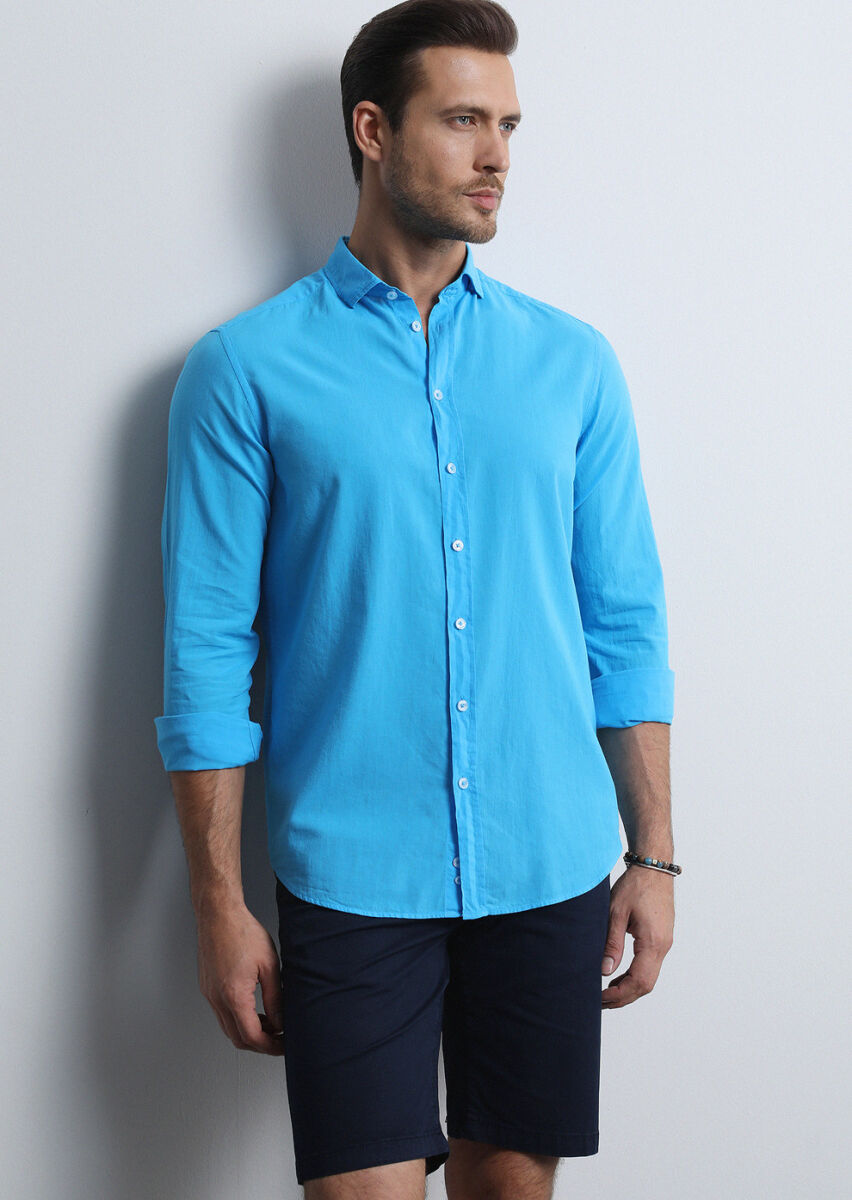 Turquoise Regular Fit Weaving Denim 100% Cotton Shirt - 1
