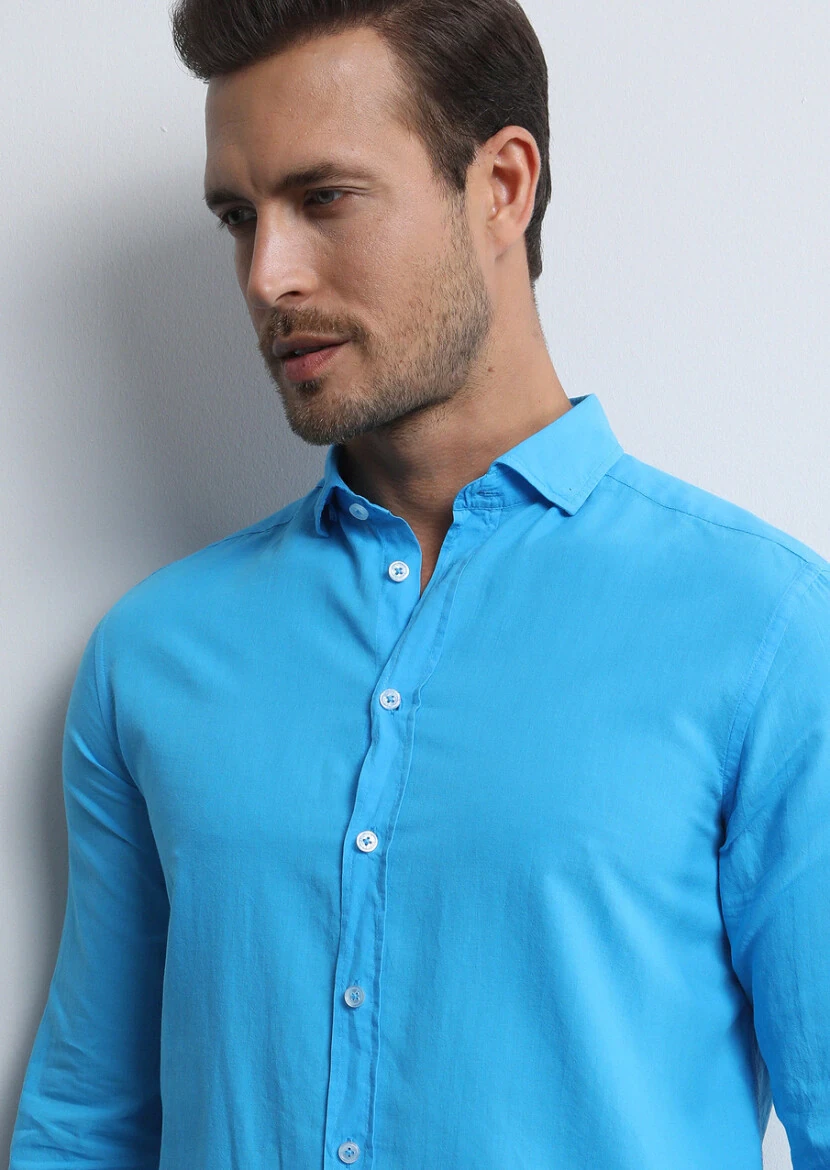 Turquoise Regular Fit Weaving Denim 100% Cotton Shirt 