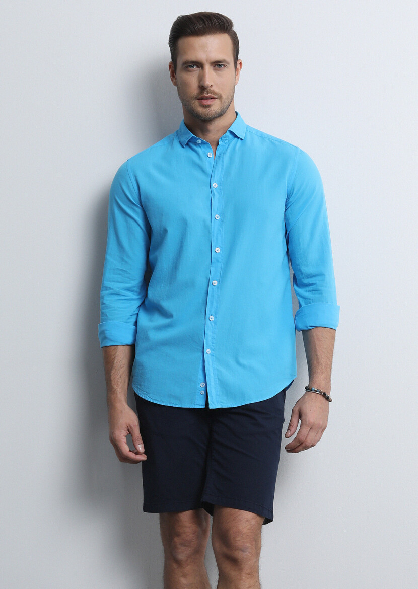 Turquoise Regular Fit Weaving Denim 100% Cotton Shirt - 3