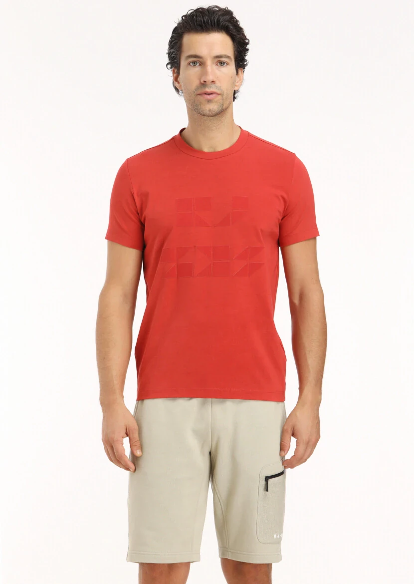 Turuncu Baskılı Bisiklet Yaka %100 Pamuk T-Shirt 