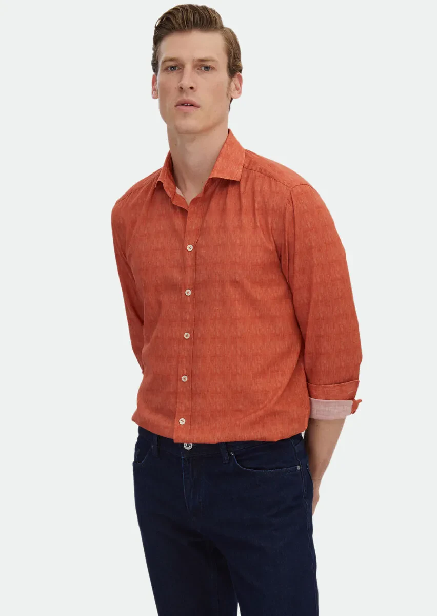 Turuncu Baskılı Regular Fit Dokuma Casual %100 Pamuk Gömlek - 3