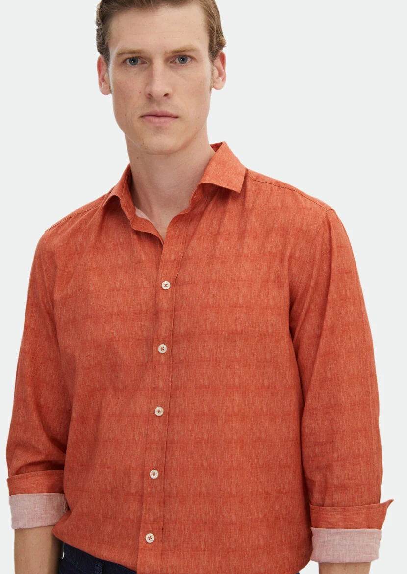 Turuncu Baskılı Regular Fit Dokuma Casual %100 Pamuk Gömlek - 4