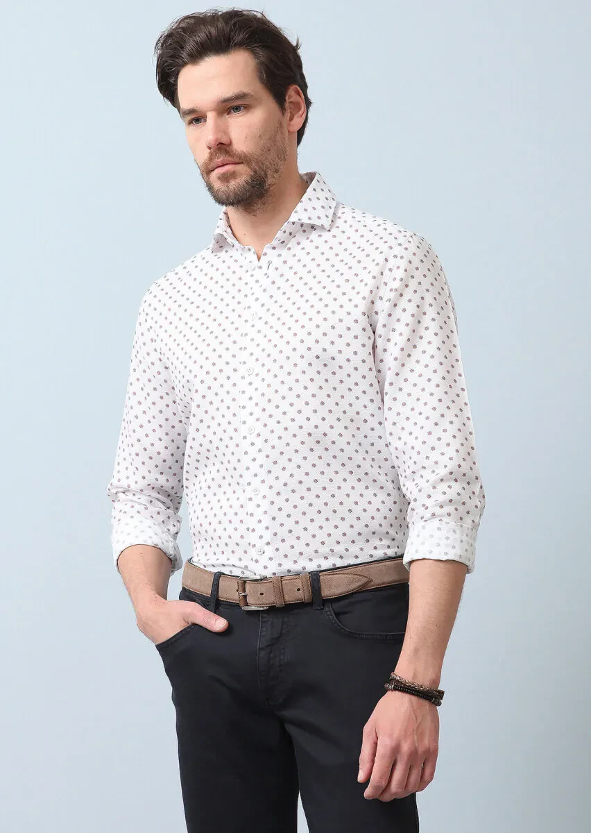 Turuncu Baskılı Regular Fit Dokuma Casual Pamuk Karışımlı Gömlek - 2