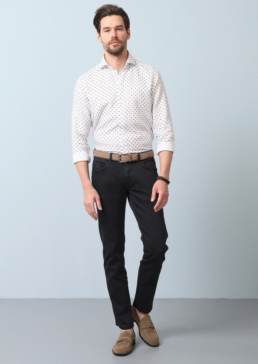 Turuncu Baskılı Regular Fit Dokuma Casual Pamuk Karışımlı Gömlek - 3