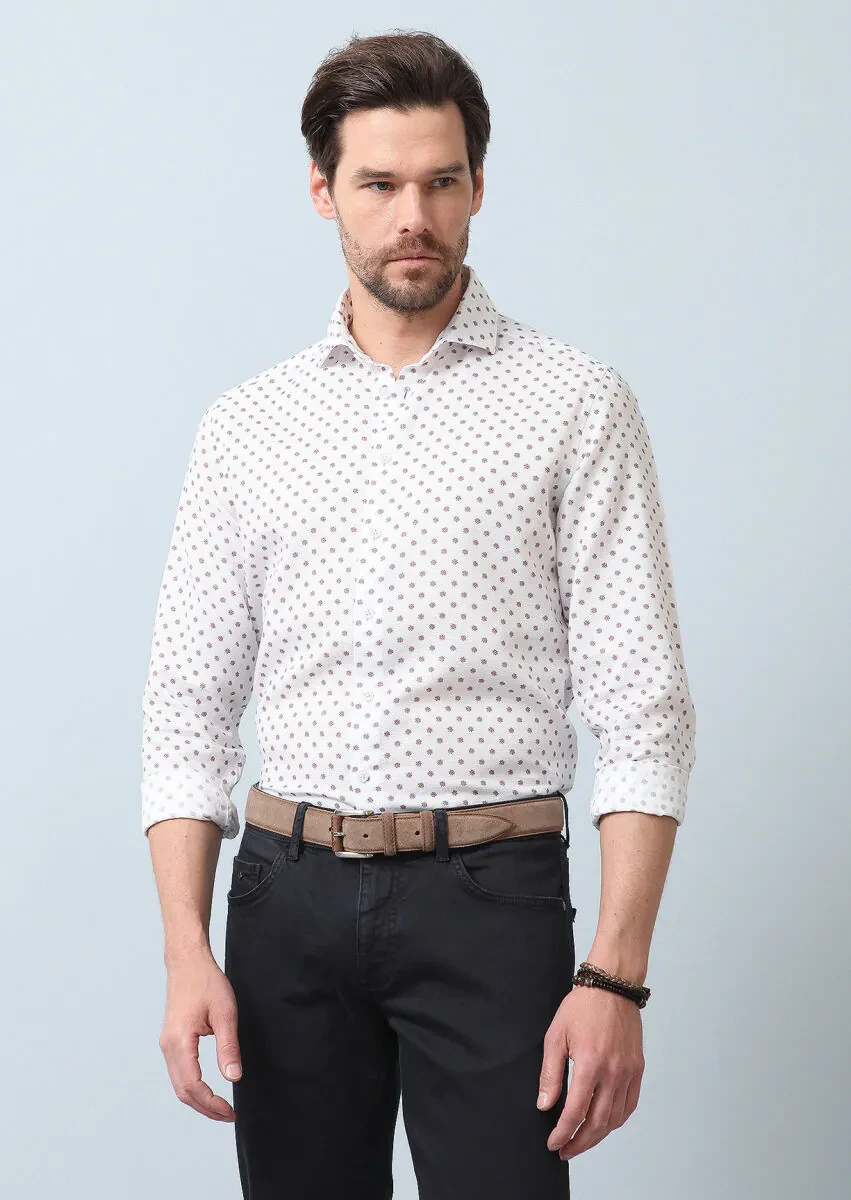 Turuncu Baskılı Regular Fit Dokuma Casual Pamuk Karışımlı Gömlek - 5