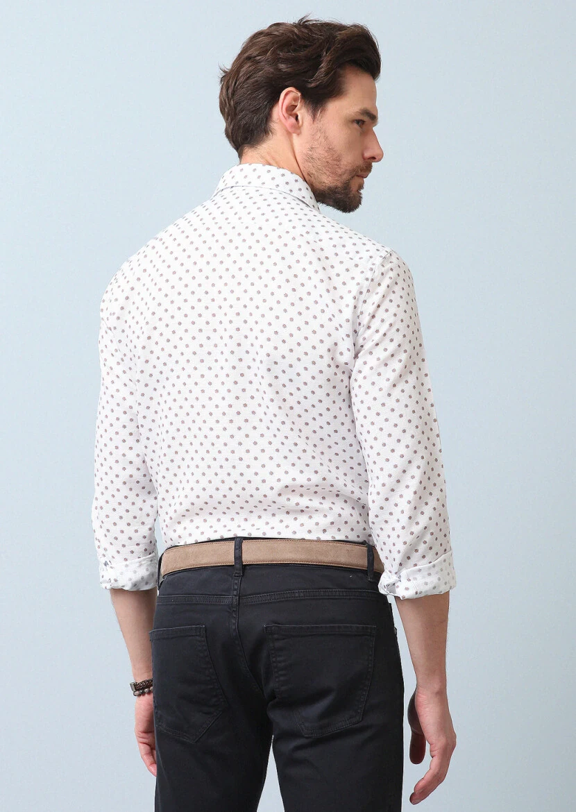 Turuncu Baskılı Regular Fit Dokuma Casual Pamuk Karışımlı Gömlek - 6