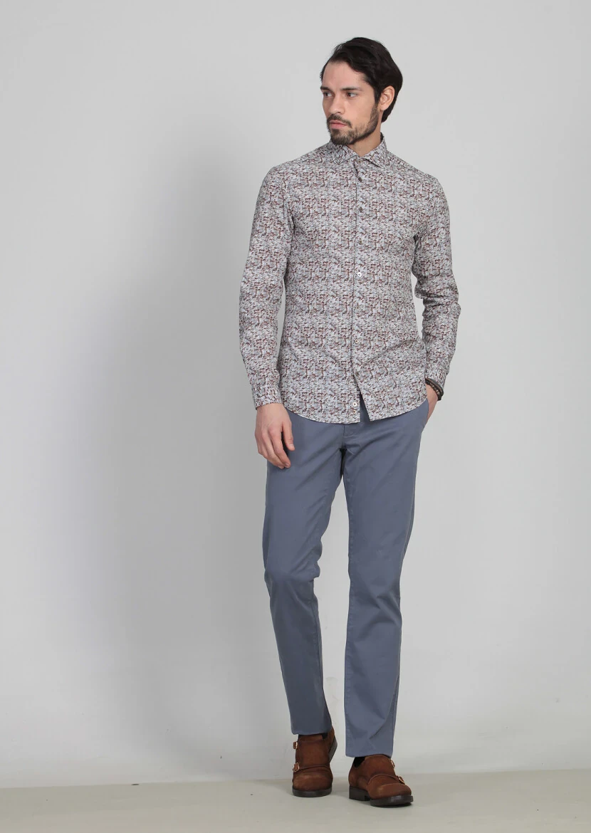 Turuncu Baskılı Slim Fit Dokuma Casual %100 Pamuk Gömlek - 1