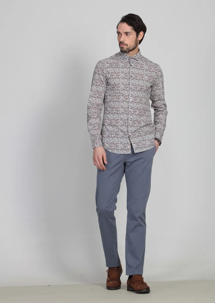 Turuncu Baskılı Slim Fit Dokuma Casual %100 Pamuk Gömlek - 1