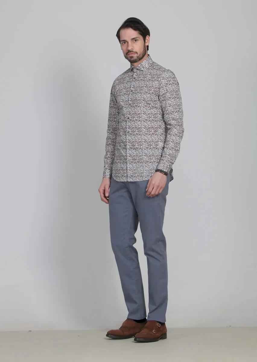 Turuncu Baskılı Slim Fit Dokuma Casual %100 Pamuk Gömlek - 2