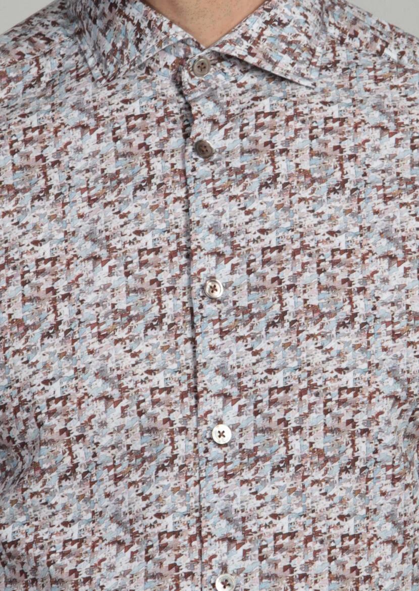 Turuncu Baskılı Slim Fit Dokuma Casual %100 Pamuk Gömlek - 3