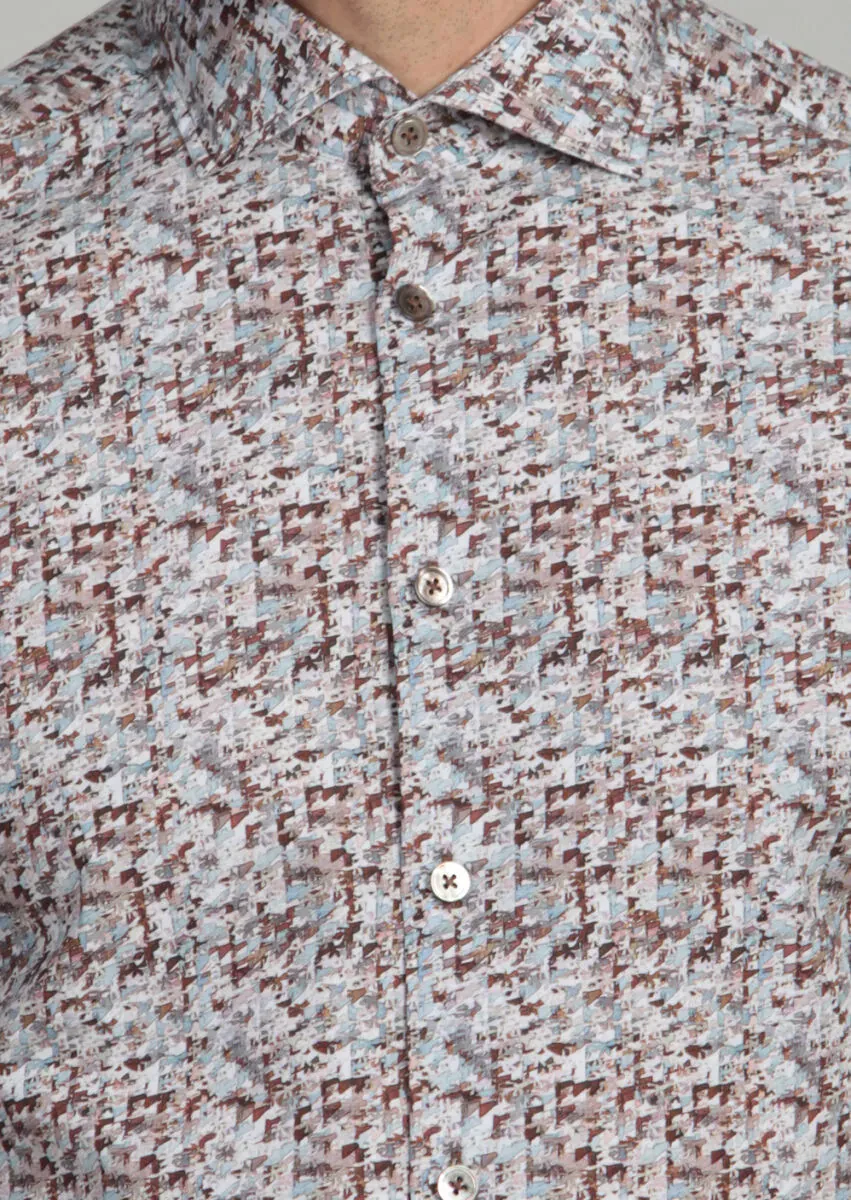 Turuncu Baskılı Slim Fit Dokuma Casual %100 Pamuk Gömlek - 3