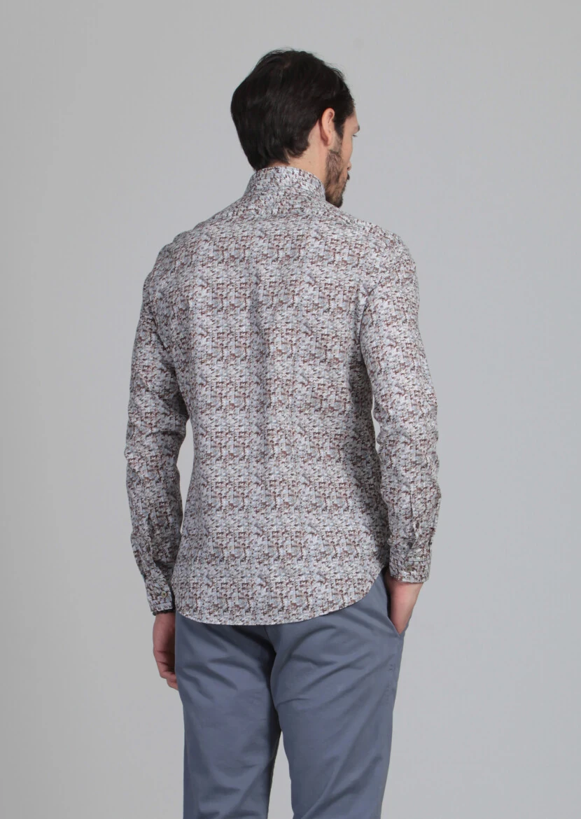 Turuncu Baskılı Slim Fit Dokuma Casual %100 Pamuk Gömlek - 4