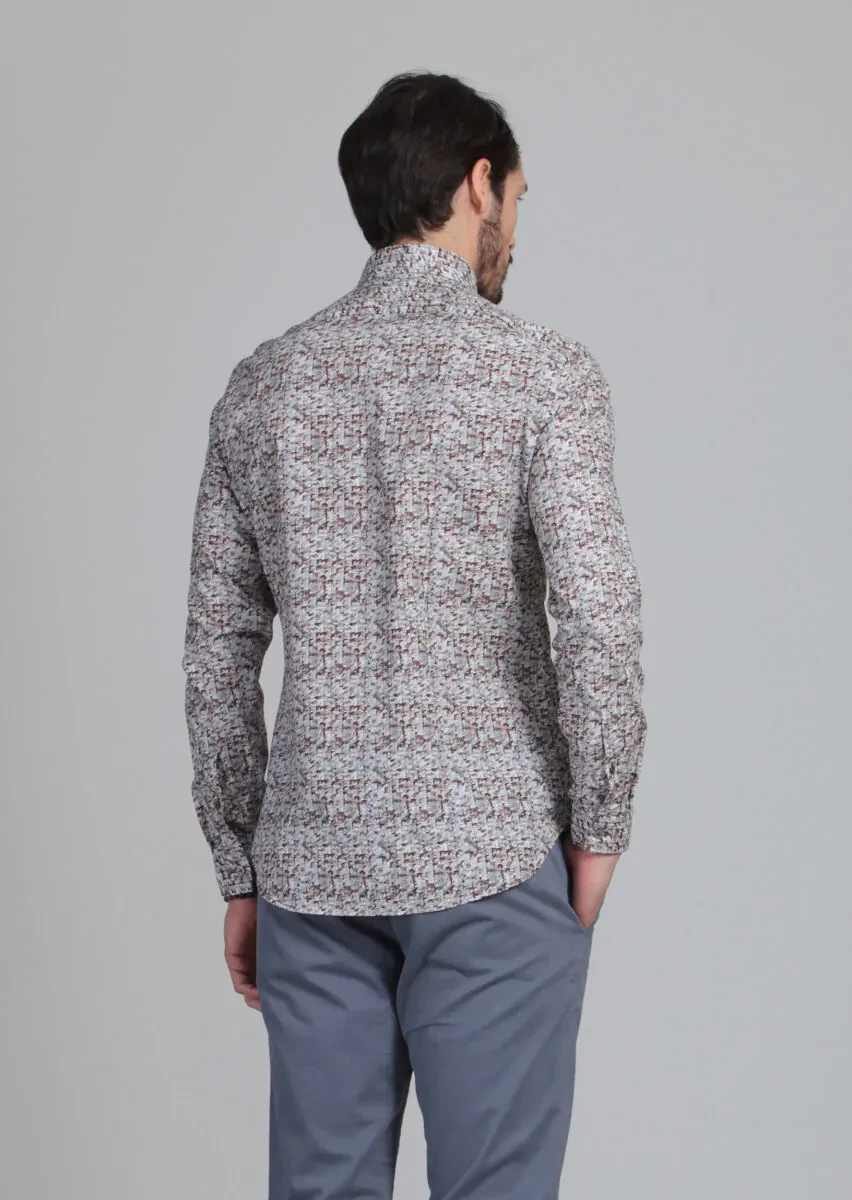 Turuncu Baskılı Slim Fit Dokuma Casual %100 Pamuk Gömlek - 4