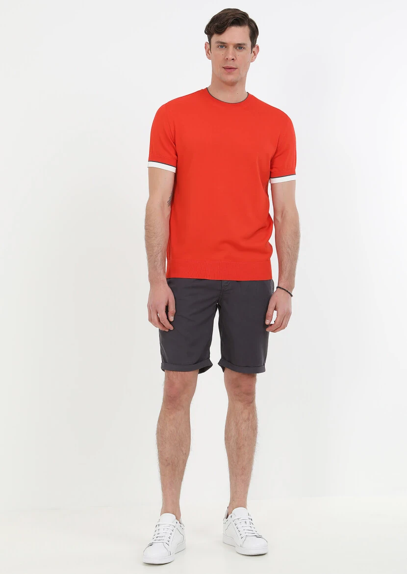 Turuncu Bisiklet Yaka Düz Örgü Triko 