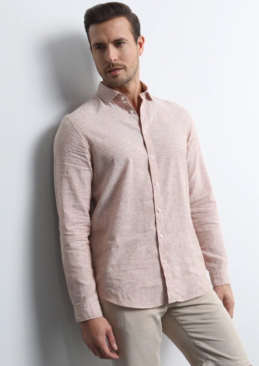 Turuncu Çizgili Regular Fit Dokuma Casual Pamuk Karışımlı Gömlek - 1