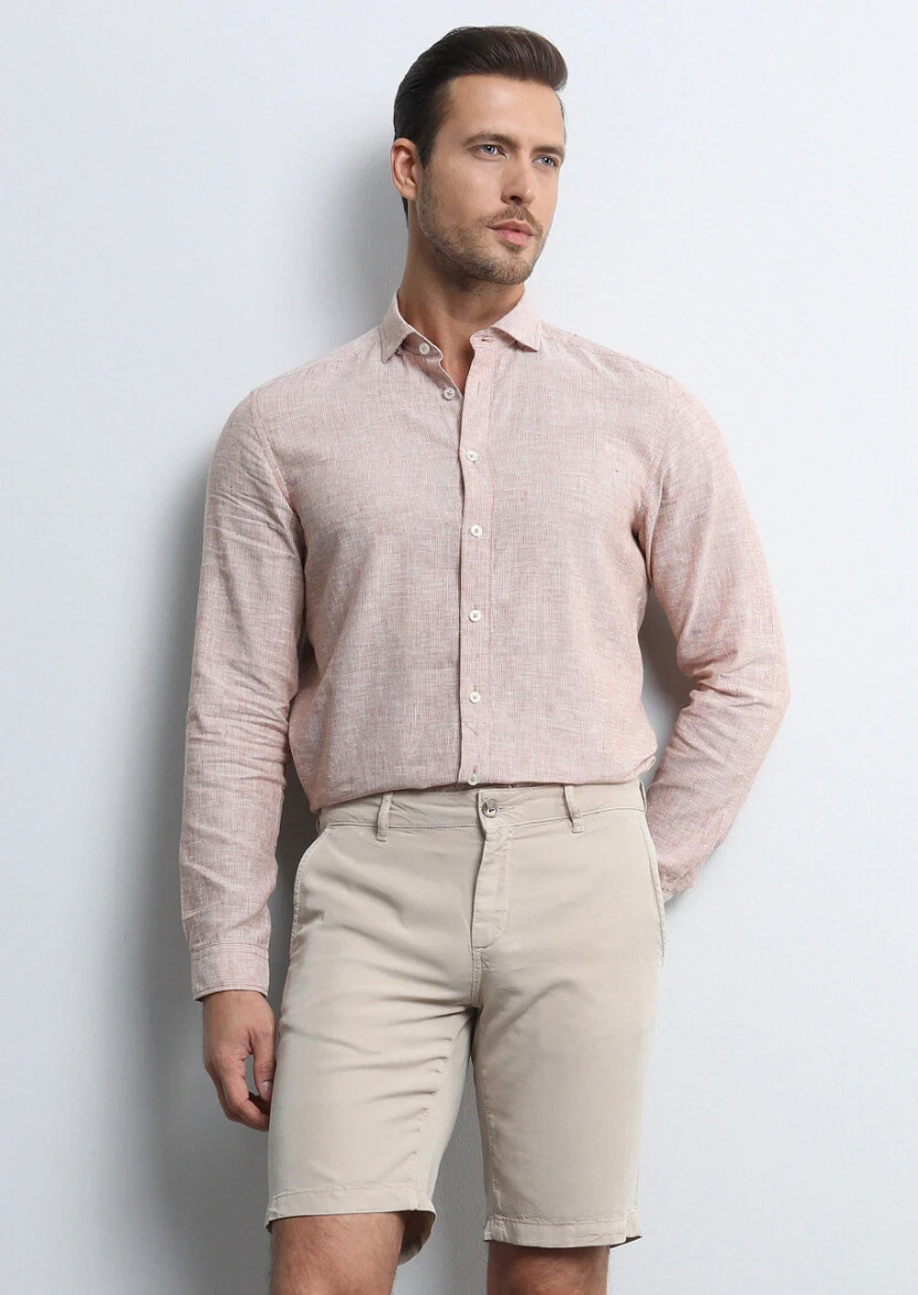 Turuncu Çizgili Regular Fit Dokuma Casual Pamuk Karışımlı Gömlek - 2