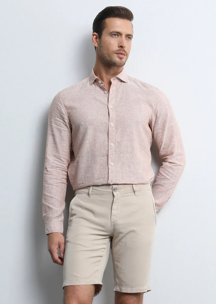 Turuncu Çizgili Regular Fit Dokuma Casual Pamuk Karışımlı Gömlek - 2