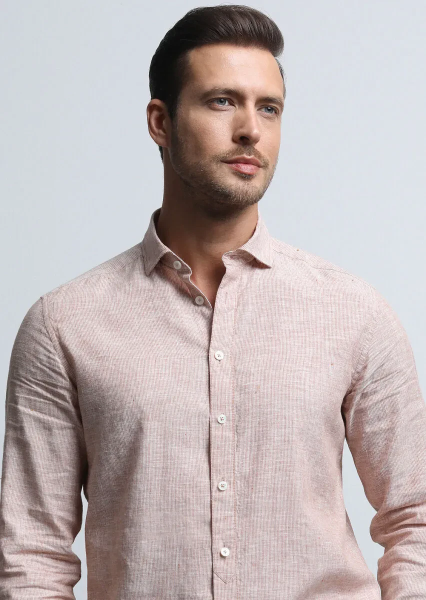 Turuncu Çizgili Regular Fit Dokuma Casual Pamuk Karışımlı Gömlek - 3