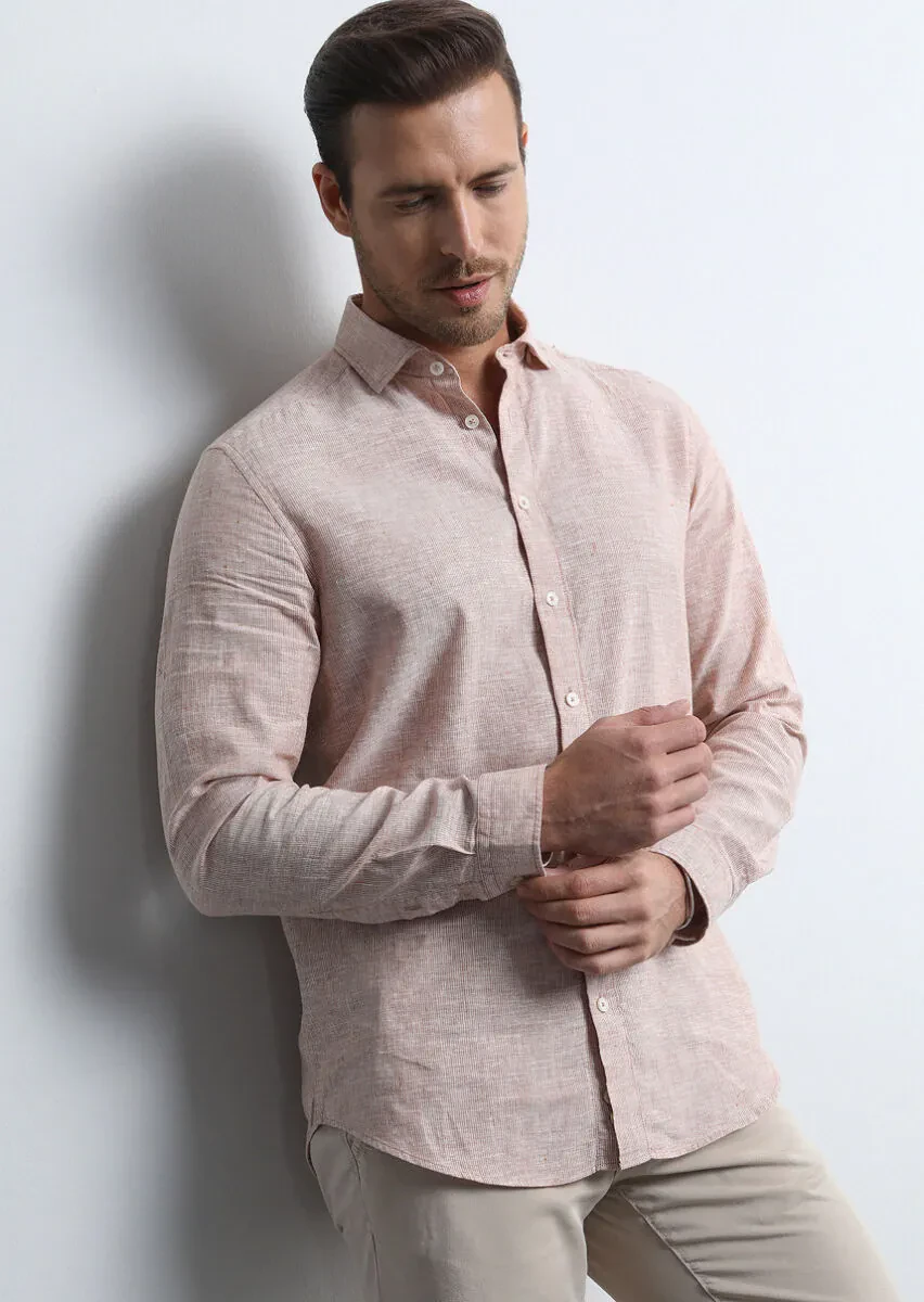 Turuncu Çizgili Regular Fit Dokuma Casual Pamuk Karışımlı Gömlek - 4