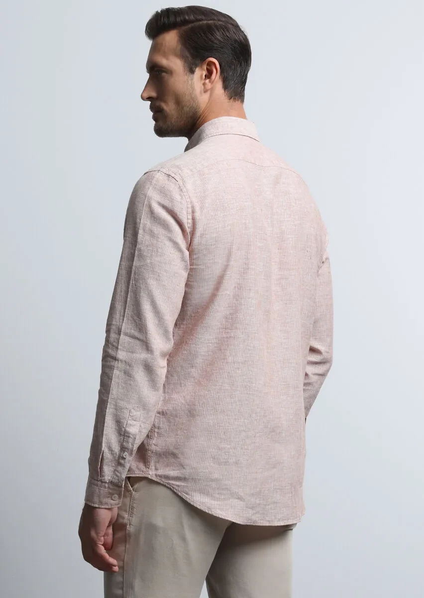 Turuncu Çizgili Regular Fit Dokuma Casual Pamuk Karışımlı Gömlek - 5