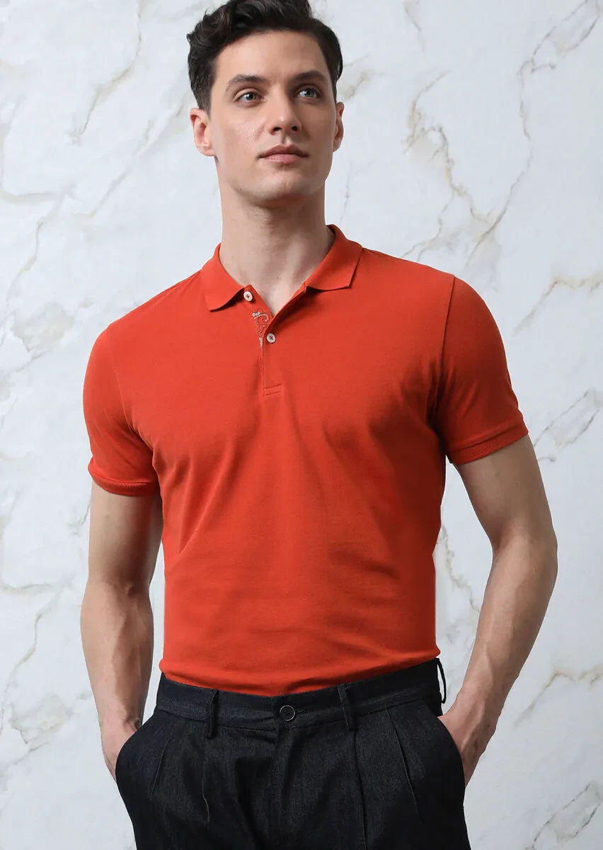 Turuncu Düz Polo Yaka %100 Pamuk T-Shirt - 1