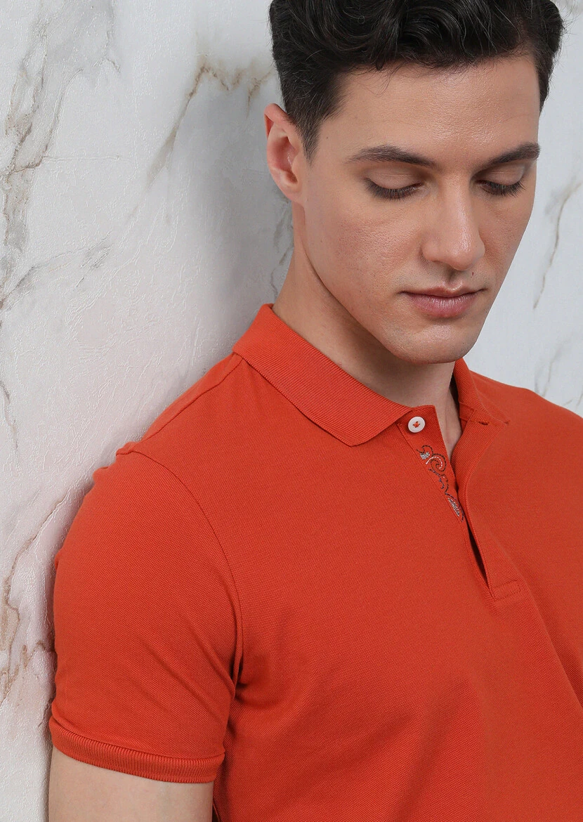 Turuncu Düz Polo Yaka %100 Pamuk T-Shirt - 2