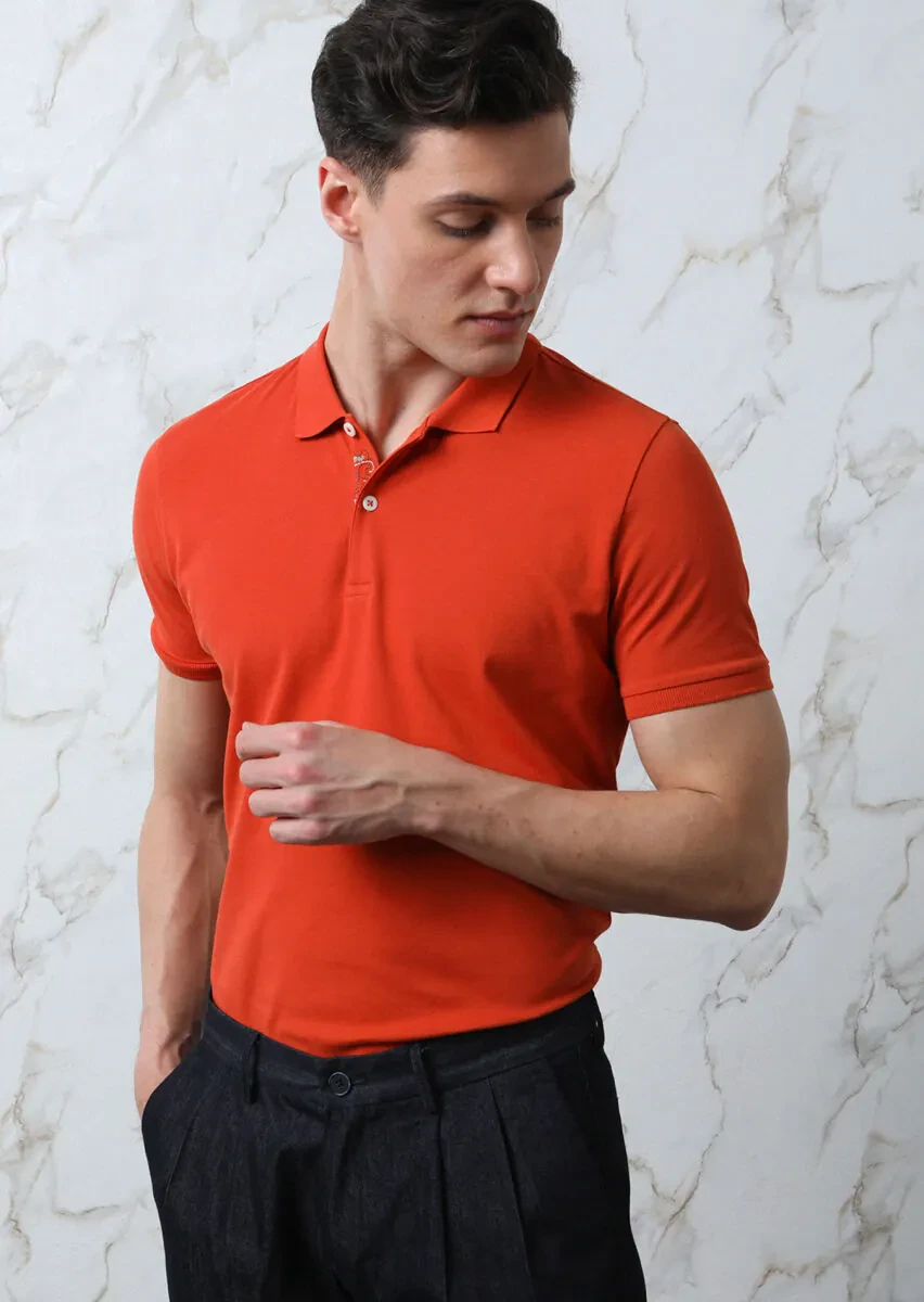 Turuncu Düz Polo Yaka %100 Pamuk T-Shirt - 4