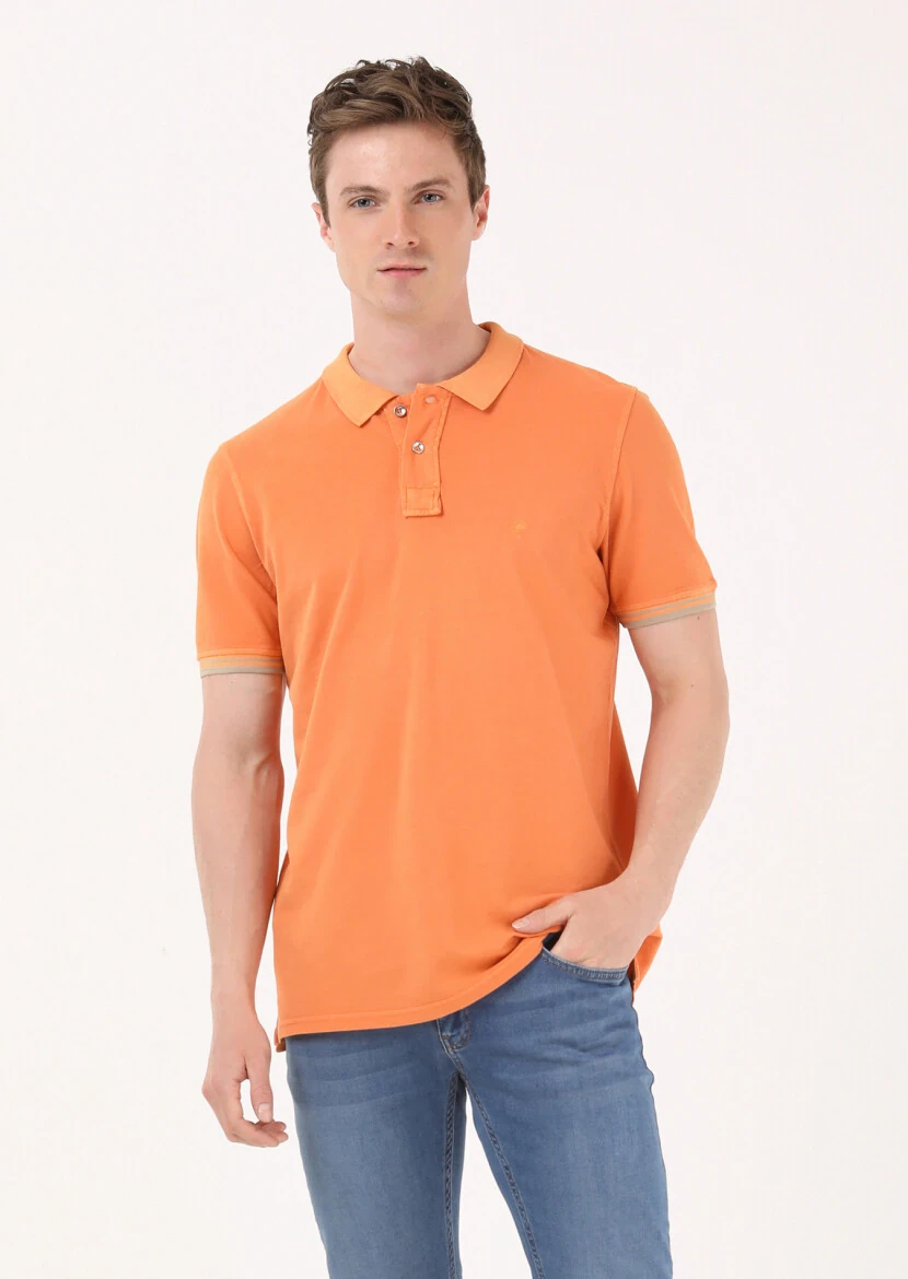 Turuncu Düz Polo Yaka %100 Pamuk T-Shirt - 1