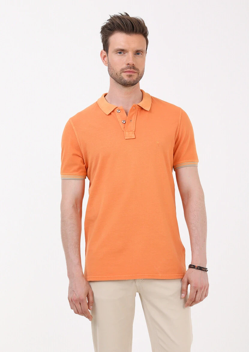Turuncu Düz Polo Yaka %100 Pamuk T-Shirt - 5