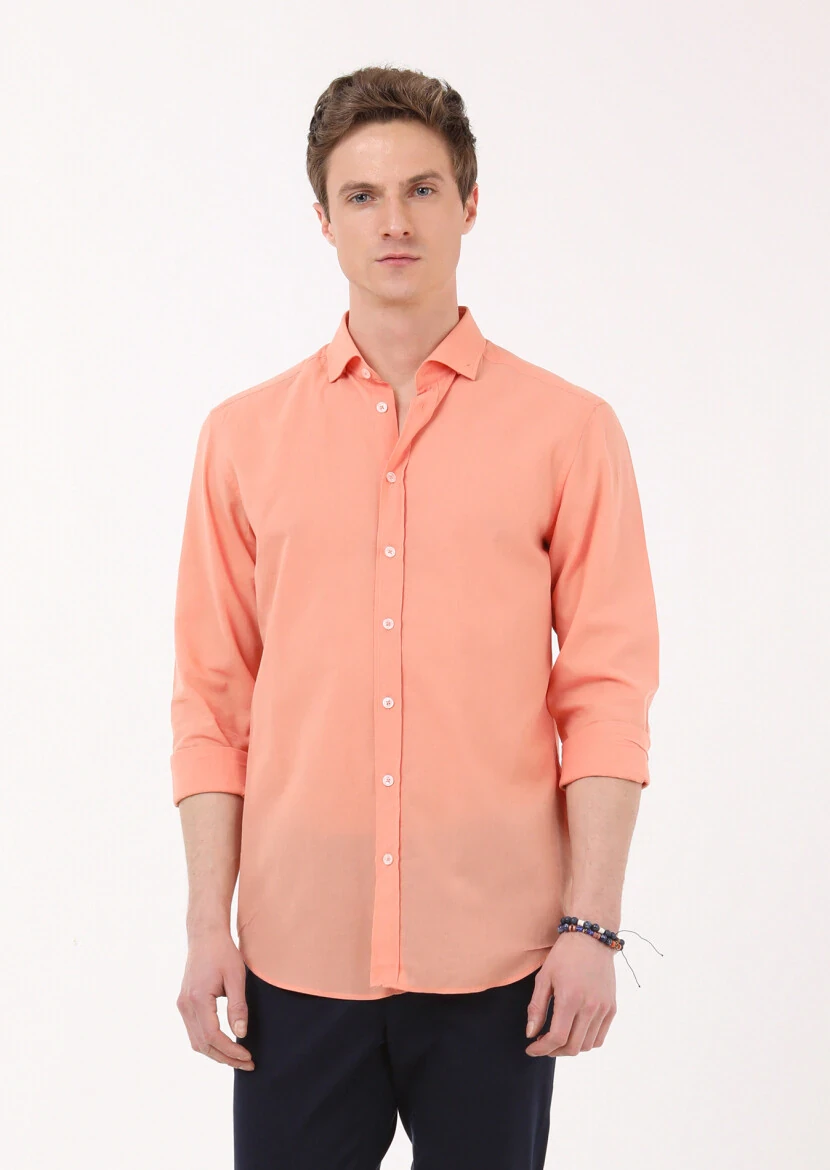 Turuncu Düz Regular Fit Dokuma Casual %100 Pamuk Gömlek - 3