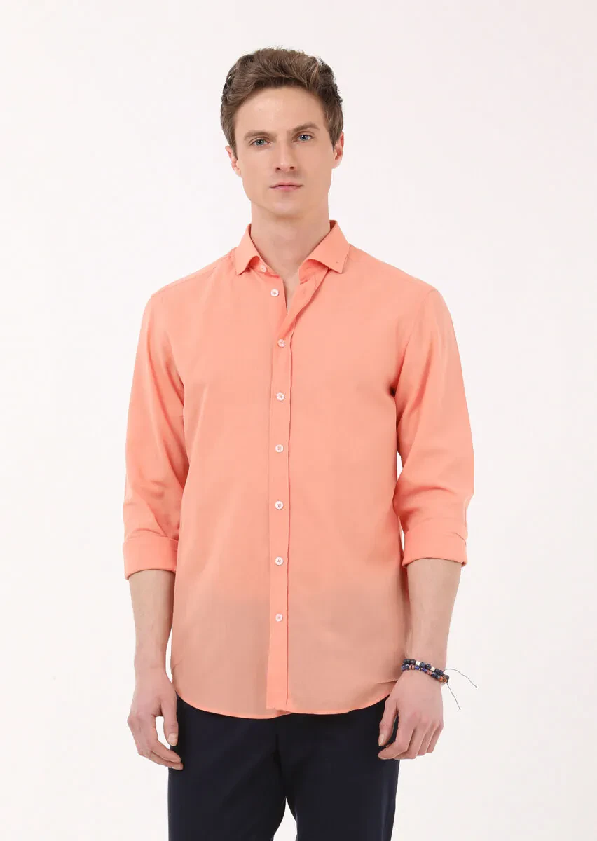 Turuncu Düz Regular Fit Dokuma Casual %100 Pamuk Gömlek - 3