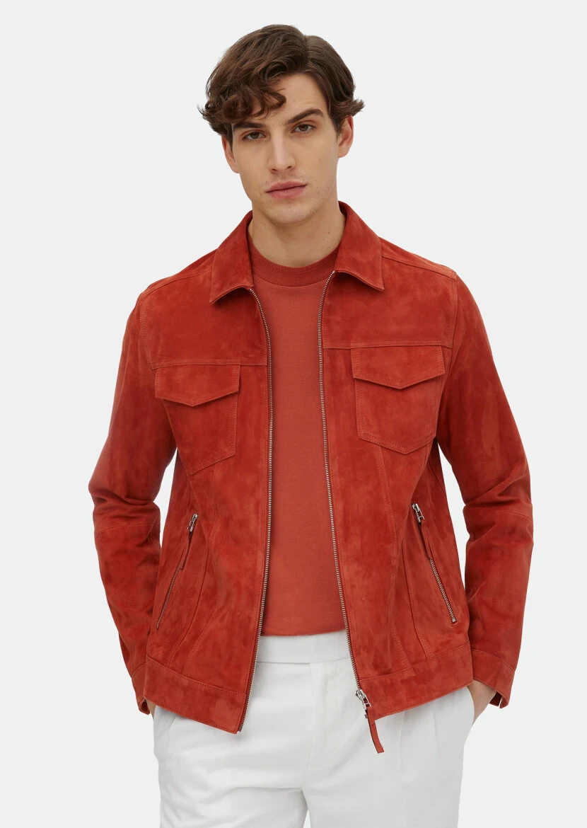 Turuncu Regular Fit Dik Yaka Casual Süet Deri Mont - RAMSEY