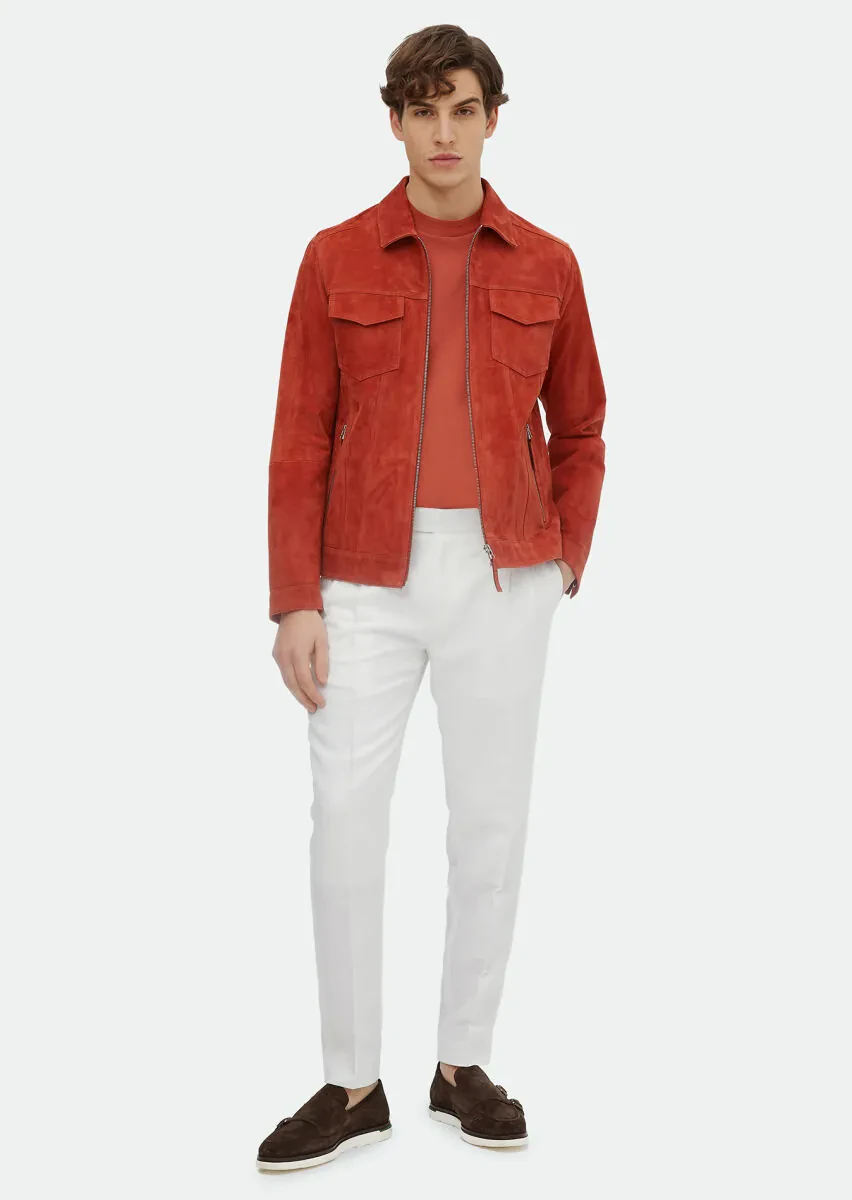 Turuncu Regular Fit Dik Yaka Casual Süet Deri Mont - 2