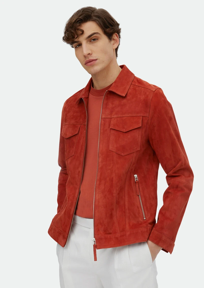 Turuncu Regular Fit Dik Yaka Casual Süet Deri Mont - 3