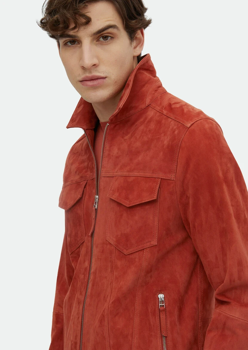 Turuncu Regular Fit Dik Yaka Casual Süet Deri Mont - 4