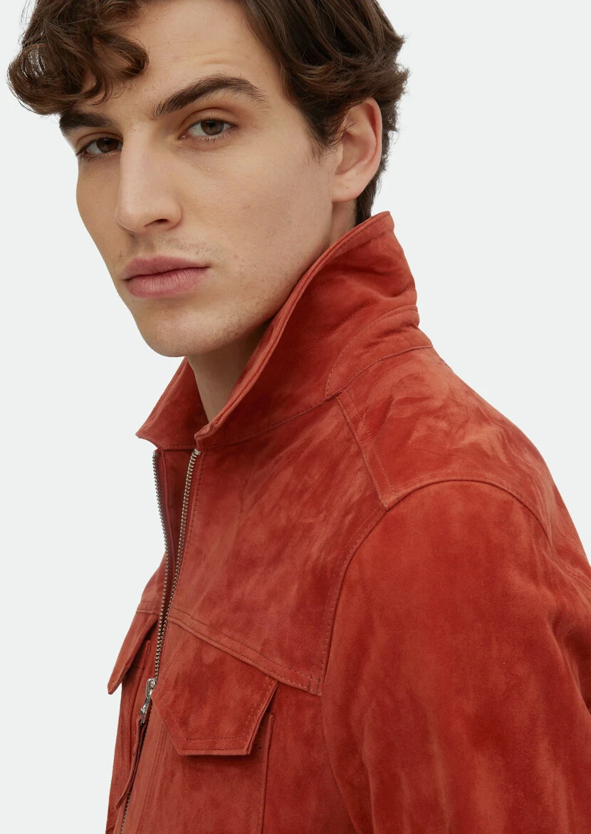 Turuncu Regular Fit Dik Yaka Casual Süet Deri Mont - 5